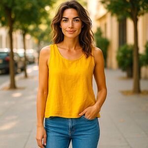 Bryn Walker Linen Tank Top Women's M Mustard Yellow Sleeveless Shirt Lagenlook